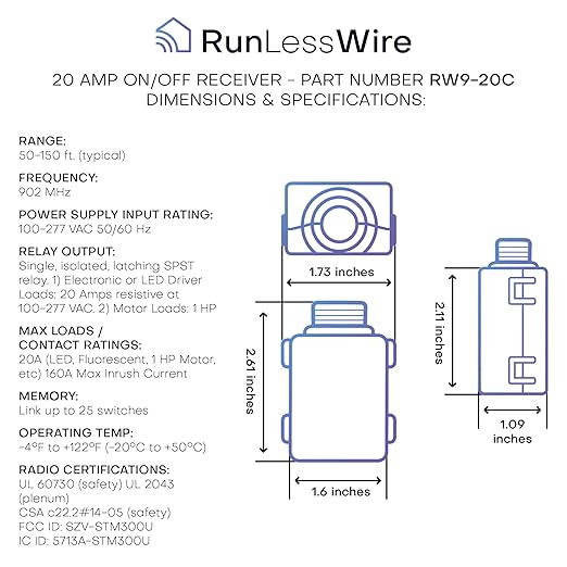 RunLessWire 20 Amp On/Off Receiver Heavy-Duty RF Relay Compatible with Self-Powered Kinetic Wireless Light Switches to Control Electrical Circuit Remotely Easy DIY Install 100-277VAC, Indoor Use