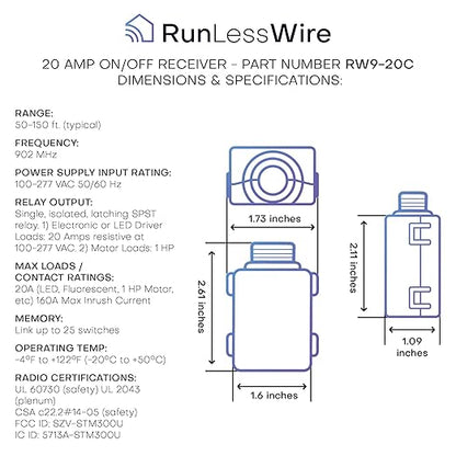 RunLessWire 20 Amp On/Off Receiver Heavy-Duty RF Relay Compatible with Self-Powered Kinetic Wireless Light Switches to Control Electrical Circuit Remotely Easy DIY Install 100-277VAC, Indoor Use
