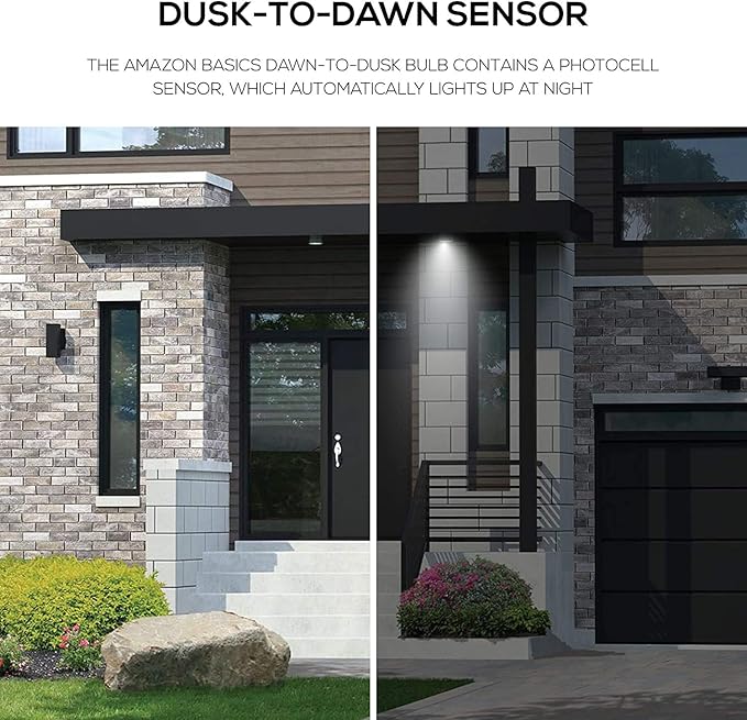 Amazon Basics A19 Dusk to Dawn Sensor LED Outdoor Light Bulbs, 60W Equivalent, Energy-Efficient 9W, Daylight White 5000K, E26 Base, Auto On/Off, Porch, 10,000 Hours, 6-Pack