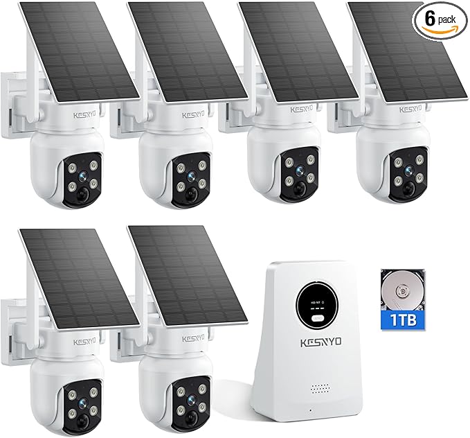 Solar Security Cameras Wireless Outdoor, 4MP Solar Powered, 6 Cam kit, Color Night Vision, 360° PTZ, 1TB HDD Local Recording, No Monthly Fees