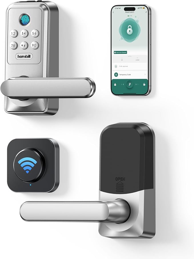 Hornbill WiFi Smart Lock with Handle, Keyless Entry Biometric Fingerprint Lock with Auto-Lock, Keypad Passcode Deadbolt Lever for Home Front Door Bedroom