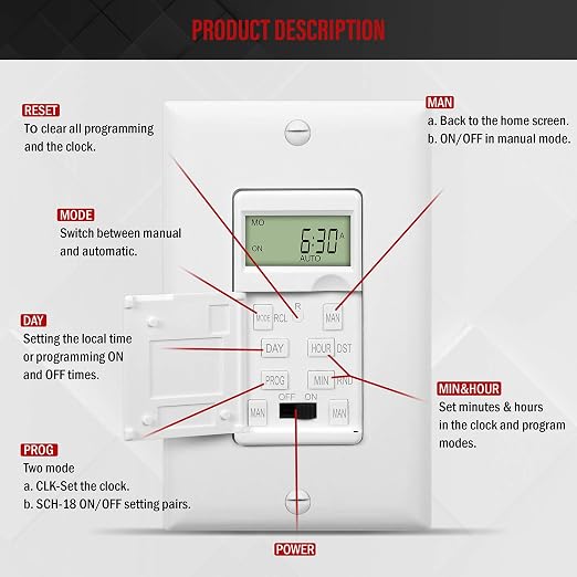 ENERLITES - HET01-C-W Programmable Digital Timer Switch for Lights, Fans, Motors, 7-Day18 ON/OFF Timer Settings, Single Pole, Neutral Wire Required, UL Listed, HET01-C, White | UL Listed, Digital In-Wall Switch Timer with 18 ON/OFF Settings, Neutral Re...