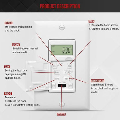 ENERLITES - HET01-C-W Programmable Digital Timer Switch for Lights, Fans, Motors, 7-Day18 ON/OFF Timer Settings, Single Pole, Neutral Wire Required, UL Listed, HET01-C, White | UL Listed, Digital In-Wall Switch Timer with 18 ON/OFF Settings, Neutral Re...