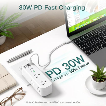 Addtam 30W USB C Outlet Extender Surge Protector, Rotating Plug, 6 AC Outlets Splitter, 4 USB Ports (2 USB-C), 1800J Wall Mount Power Strip, 3-Side Multi Plug for Dorm, Travel Essentials