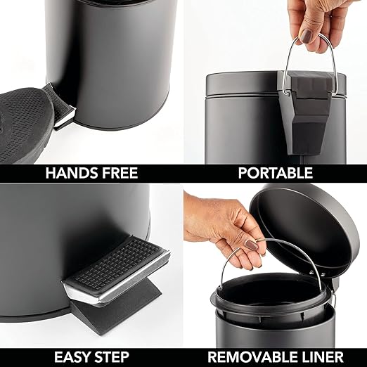 mDesign Pedal Bin — Metal Waste Bin with Pedal, Lid and Plastic Bucket Insert — for Bathroom, Kitchen, and Office — 3 Litre Household Rubbish Bin with Ergonomic Design — Black