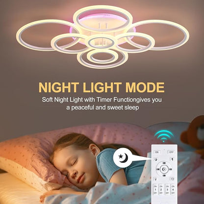 80W LED Ceiling Light, Dimmable 8-Ring Flush Mount Fixture, White | 41.3" Modern Ceiling Light with Remote, 4800LM, 3000K-6000K Tunable White & 3-Color Backlight for Living Room Bedroom Kitchen