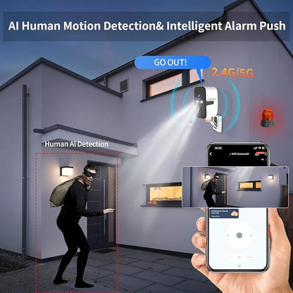 Security Cameras Wireless Outdoor Indoor,180° Horizontal Cameras for Home Security Battery,2.4/5GHz WiFi Camera Motion Detection Alert,2-Way Audio,IP65 WaterProof,Work with Alexa,Built-in Magnet Base