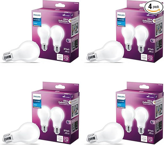 Philips LED 100W A19 4-Pack Ultra Definition Daylight (5000K) 1500 Lumen (11.5W = 100W) Dimmable Frosted Flicker-Free Light Bulbs