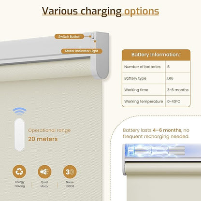 Grandekor Motorized Blinds with Remote Control, Blackout Roller Shade Electric Shades Cordless Smart Blinds for Bedroom Living Room Office,Cream,W27xH72