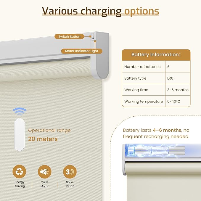 Grandekor Motorized Blinds with Remote Control, Blackout Roller Shade Electric Shades Cordless Smart Blinds for Bedroom Living Room Office,Cream,W24xH72
