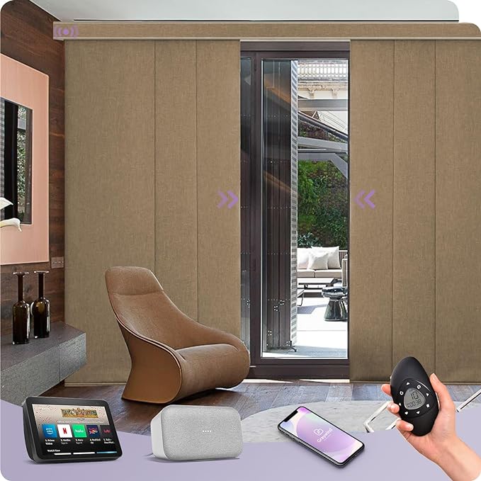 Graywind Motorized Sliding Panels Blackout Compatible with Alexa Google Smart Panel Track Blinds Remote Shades for Patio Sliding Door, Custom Size (Coffee)