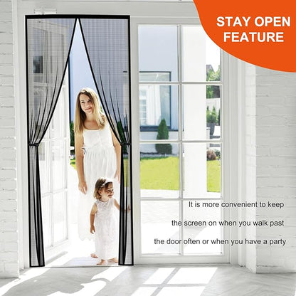 Magnetic Screen Door, Hands Free Mesh Partition,Heavy Duty Curtain Keeps Bugs Out, Frame Hook & Loop, Pet and Kid Friendly (Fiberglass-Black, Fit Door 48" Wide x 80" High)
