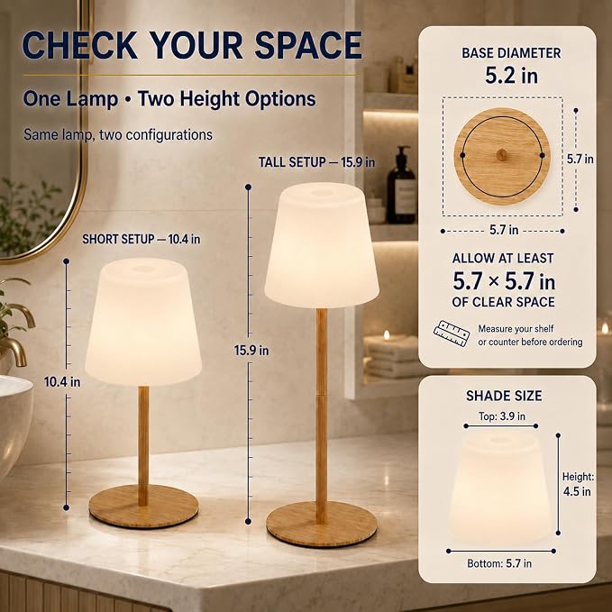 IP65 Waterproof Shower Lamp, Cordless Rechargeable Table Lamp, Wood Grain | 4000mAh Battery Operated Lamp, Spa-Like Glow for Showers, Vanity, Bedside and Patios; 3 Color Temperatures, Touch Dimming