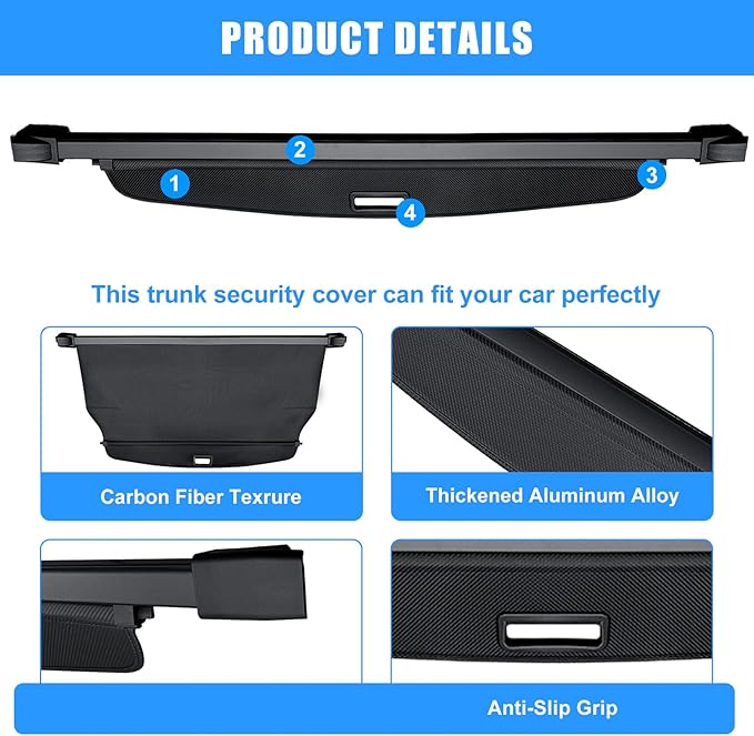 AUXKO Retractable Cargo Cover for Jeep Grand Cherokee(2 Row; WL) 4XE 2026-2022, Trunk Cover Security Cover for 2025 Grand Cherokee Shielding Shade Anti-Peeping Luggage Privacy Screen, Carbon Fiber