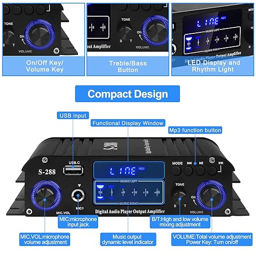 Stereo Audio Amplifier for Home Speakers S-288 Bluetooth 5.0 HiFi Mini Audio Component Amplifiers Receiver 4.0CH RMS 40Wx4 Max. 600W Integrated Power Amp W/USB,FM,Adapter
