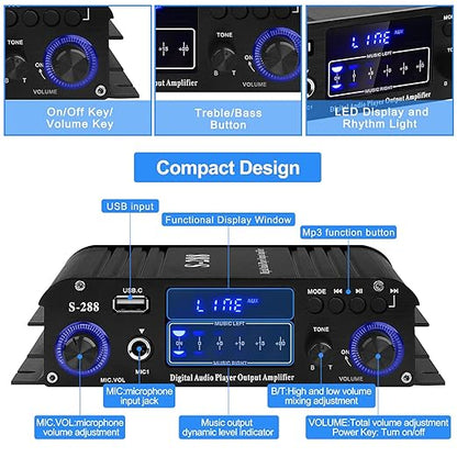 Stereo Audio Amplifier for Home Speakers S-288 Bluetooth 5.0 HiFi Mini Audio Component Amplifiers Receiver 4.0CH RMS 40Wx4 Max. 600W Integrated Power Amp W/USB,FM,Adapter