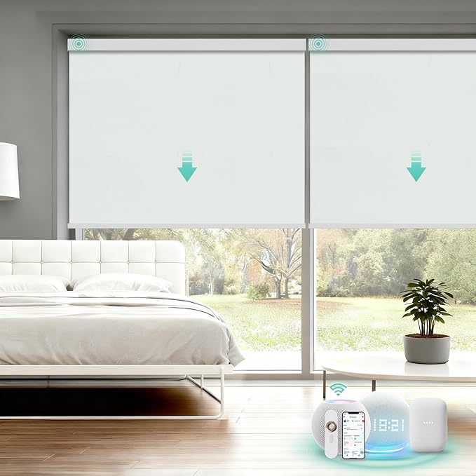 Motorized Blinds with Remote, Blackout Smart Automatic Electric Blinds for Windows Compatible with Alexa Homekit, Cordless Indoor Motorized Roller Shades with Custom Size（Soft Horizon）