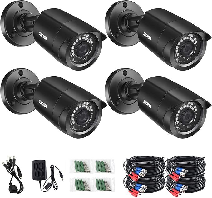ZOSI 1080P 4 Pack HD TVI Security Cameras, 80ft Night Vision, Outdoor Indoor Weatherproof Bullet Camera for 1080P/5MP/4K HD TVI Analog CCTV DVR System (Renewed)