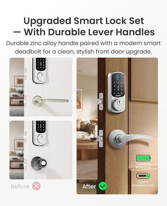 DESLOC B200 Fingerprint Smart Lock with 2 Lever Handles, Keyless Entry Front Door Lock Set, Electronic Keypad Deadbolt, App Control, Auto Lock, Long Battery Life,Silver