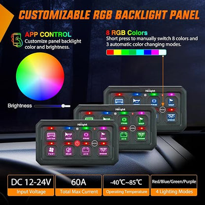 Nilight 8 Gang Switch Panel APP RGB 12V 24V Circuit Control System 4-Mode | w/Power Source Switch APP Remote Control Automatic Dimmable Toggle/Momentary/Strobe/Flash for Car Pickup Truck Camper SUV