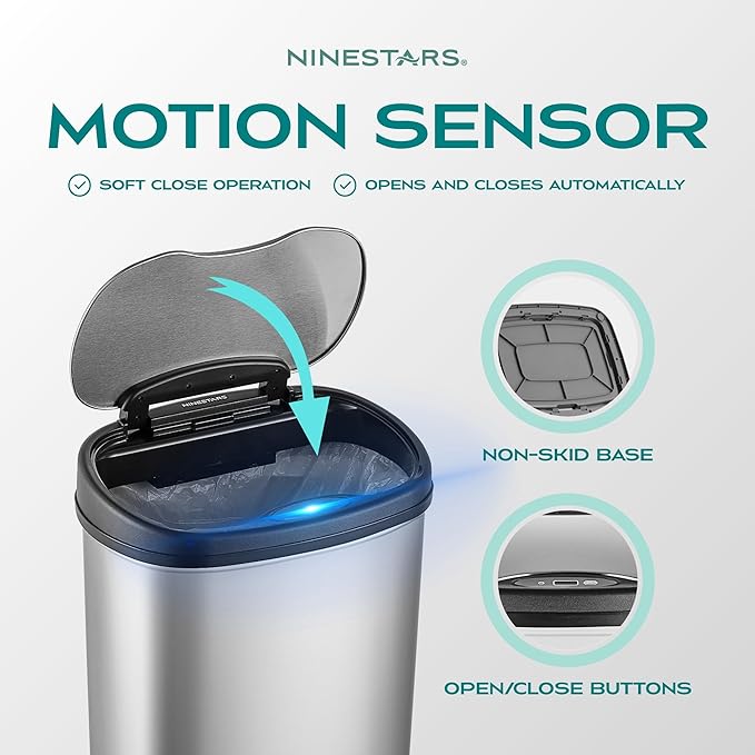 Ninestars 13 Gallon Oval Automatic Trash Can, 50L Touchless Motion Sensor Garbage Can with Odor-Sealing Lid & One-Touch Manual Mode, Silver Stainless Steel, Black Trim