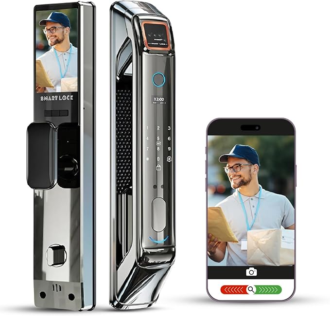 Smart Door Lock with Camera, 3D Face Recognition, Keyless Entry Palm, Face, Fingerprint, Passcode, IC Card, Video Doorbell, Intercom, JLINK App, Touchscreen Keypad, Front Door Lock, Home Security