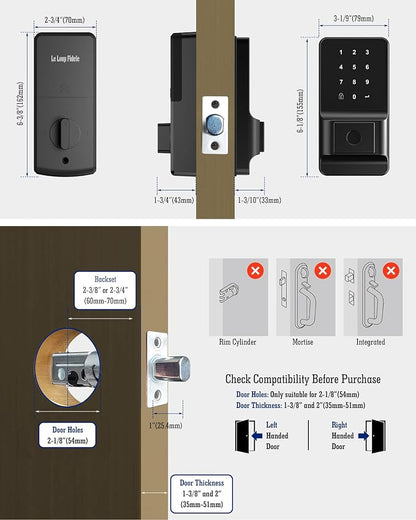 LeLoupFidele Smart Keyless Deadbolt Lock with Fingerprint for Front Door | Electronic keypad, Tuya App control, auto-lock, compact, easy install, matte black for home & Airbnb