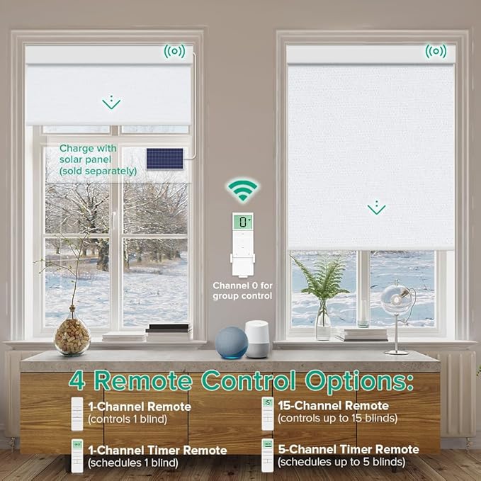Motorized Roller Shades, 10O% Blackout Remote Control Custom Window Shades Compatible with Alexa Google Assistant via RF Hub, Rechargeable Electric Blinds for Windows (Fabric Greyish White)
