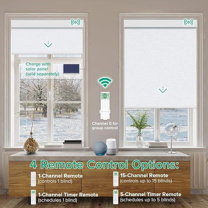 Motorized Roller Shades, 10O% Blackout Remote Control Custom Window Shades Compatible with Alexa Google Assistant via RF Hub, Rechargeable Electric Blinds for Windows (Fabric Greyish White)