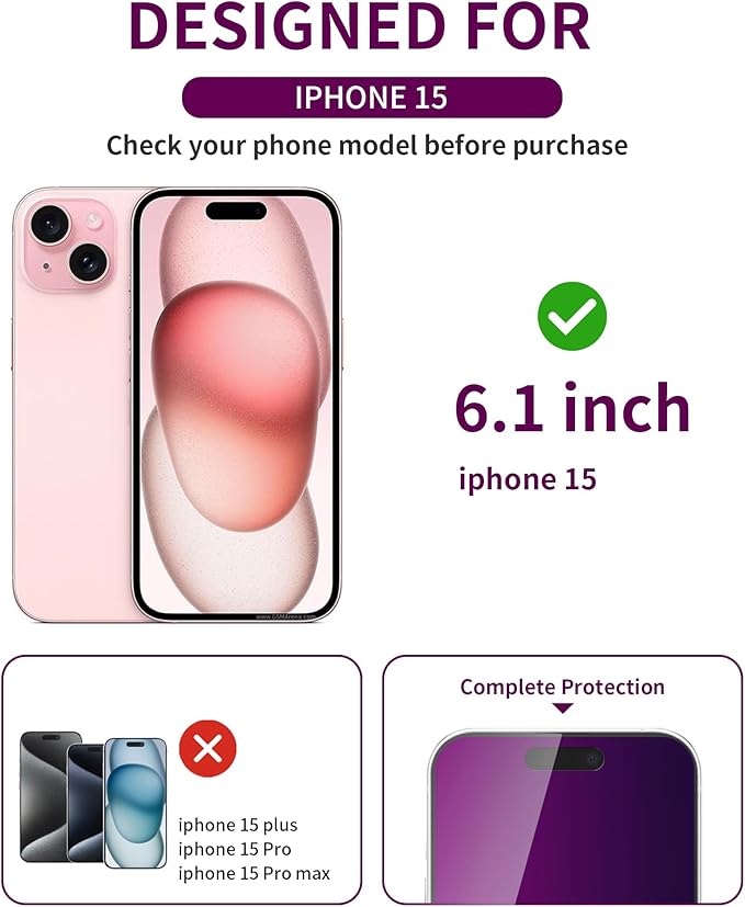 3 Pack Privacy Screen Protector for iPhone 15/14 Pro Tempered Glass 6.1inch Private Saver Anti-Spy Eye Protection Anti-Scratch Full Coverage