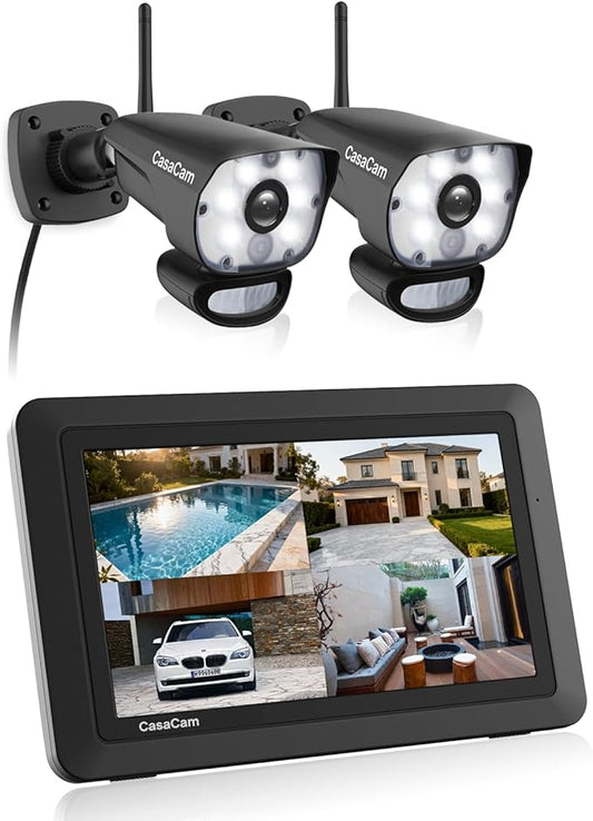 CasaCam GuardianCam Air | 7" Touchscreen Monitor with 2 Spotlight HD Cameras | Wireless Security Camera System, AC Powered, Two-Way Audio, Free APP, SD Card and Battery Installed, Model VS1002