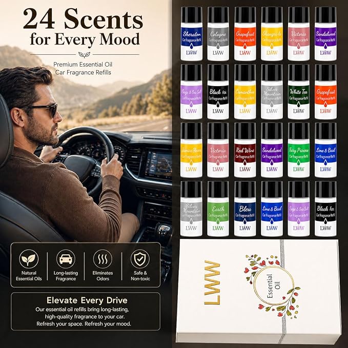 Car Air Freshener Diffuser Refills, 24 PCS 10ml Essential Oils Mixed Fragrance Set, Long Lasting Car Fragrance Oil Replacement for Car Diffusers, No Diffuser Included