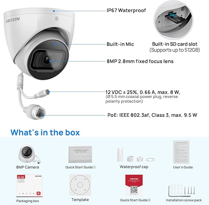 VIKYLIN 4K 8MP IP Security Camera,DMSS/SmartPss Lite,Starlight Dome with Built-in Mic, 256GB SD Card Slot, 2.8mm Lens, 98ft IR,IP67, Indoor Outdoor PoE Surveillance Camera