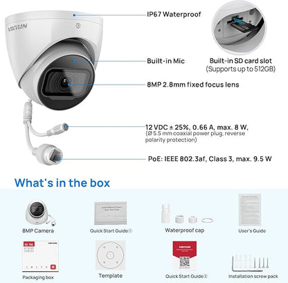 VIKYLIN 4K 8MP IP Security Camera,DMSS/SmartPss Lite,Starlight Dome with Built-in Mic, 256GB SD Card Slot, 2.8mm Lens, 98ft IR,IP67, Indoor Outdoor PoE Surveillance Camera