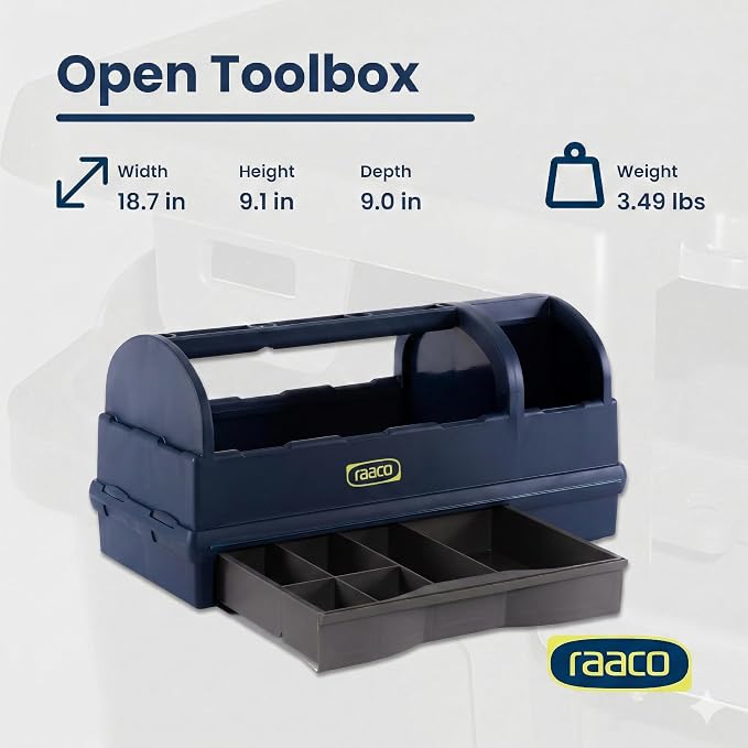 Raaco Open Portable Tool Box Organizer with Handle - Hand-Held Storage | Plastic Polypropylene Toolbox with 3 Compartments & Built-in Drawer, Hand-Held Storage Carrier, 55 lb Load Capacity, workshop