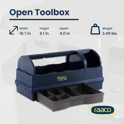 Raaco Open Portable Tool Box Organizer with Handle - Hand-Held Storage | Plastic Polypropylene Toolbox with 3 Compartments & Built-in Drawer, Hand-Held Storage Carrier, 55 lb Load Capacity, workshop