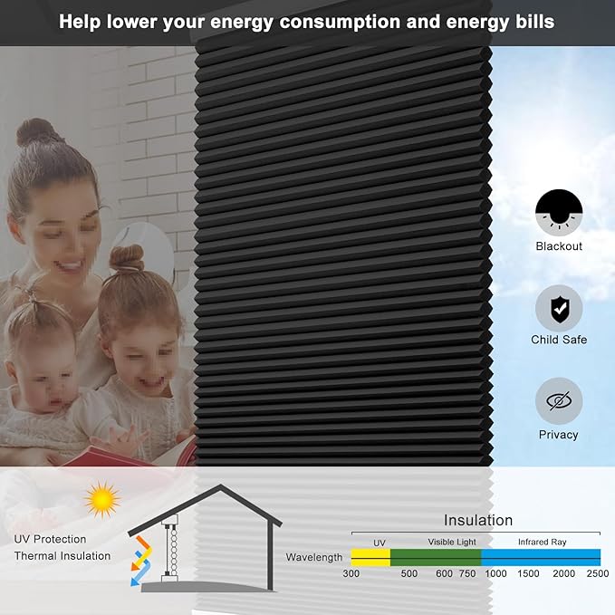 Changshade Black Blinds for Windows Cellular Shades Cordless, Window Shades Blackout Honeycomb Blinds Pleated Room Darkening for Home, Living Room, Bedroom, Bathroom, Easy to Install