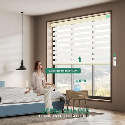 Motorized Zebra Blinds with Remote [Dual Layer + Light Filtering] 60% Blackout Smart Shades for Indoor Windows, Alexa Google and HomeKit Compatible, Customized Size, Woven Oat