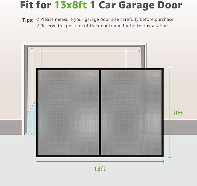 Garage Door Screen for 1 Car, 2 Car Garage, Magnetic Closure Heavy Duty Weighted Bottom Fiberglass Mesh Keep Annoying Animal Out (Black, 13.12 ft x 8.13 ft)
