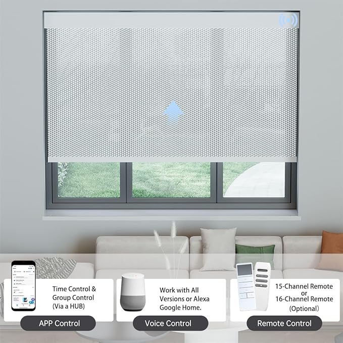 Motorized Solar Shades, Light Filtering Smart Blinds for Windows Automatic Blinds Compatible with Alexa, Falme Resistant Roller Shades Customized for Office Living Room (3% Openness Sliver)