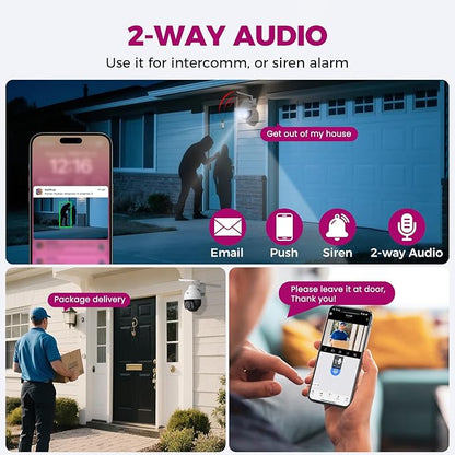xmartO High-end 4K Wireless WiFi 6 PTZ Security Camera for Home & Business, 24/7 AI Tracking Surveillance, IR Night Vision & Flood Lights, 2-Way Audio Vandal-Proof Metal Dome CAM, View on Apps & NVR