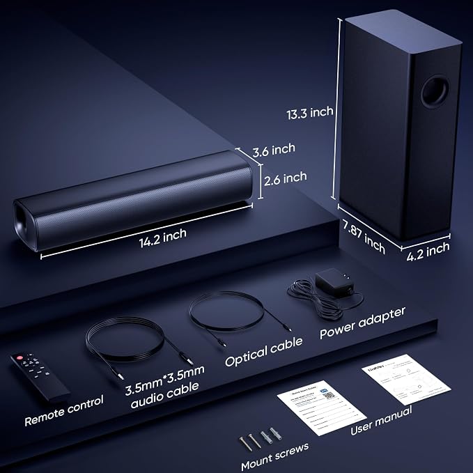 Saiyin Soundbar with Subwoofer, 14.2" Compact Soundbar, 4" Subwoofer, 70W