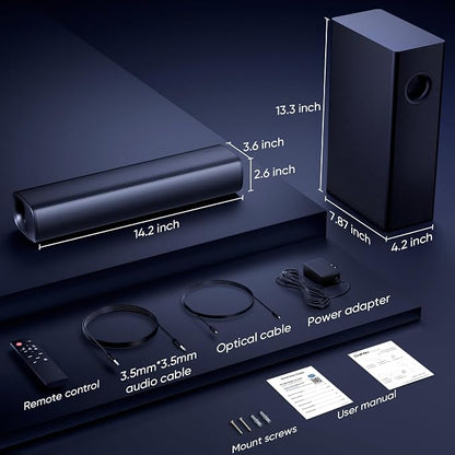 Saiyin Soundbar with Subwoofer, 14.2" Compact Soundbar, 4" Subwoofer, 70W