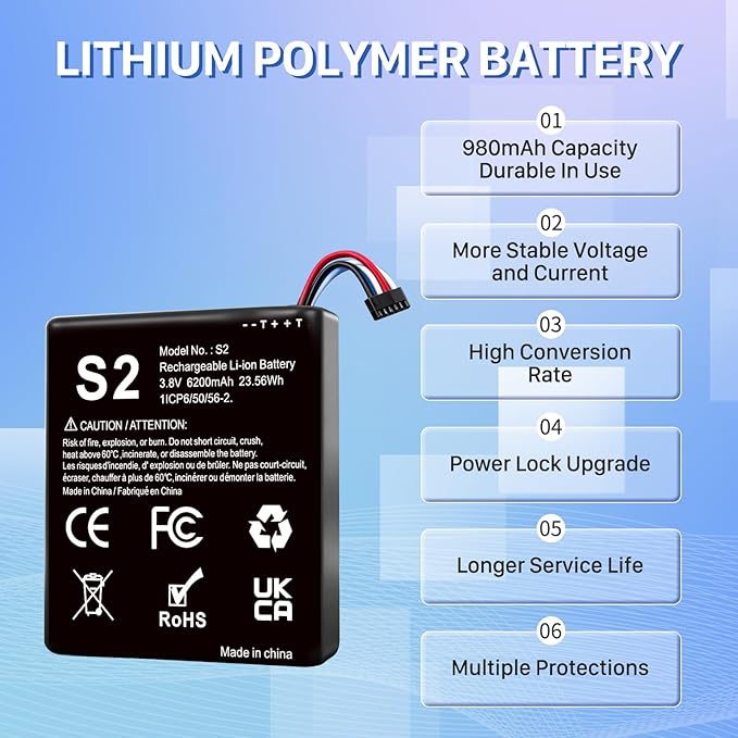 Replacement Battery for S2, 6200mAh Ultra High Capacity Li-ion Battery for Ring Video Doorbell 2nd Generation 1ICP6/50/56-2, 5UM5E5, (6 Cable Plug Version Only) 1-Pack