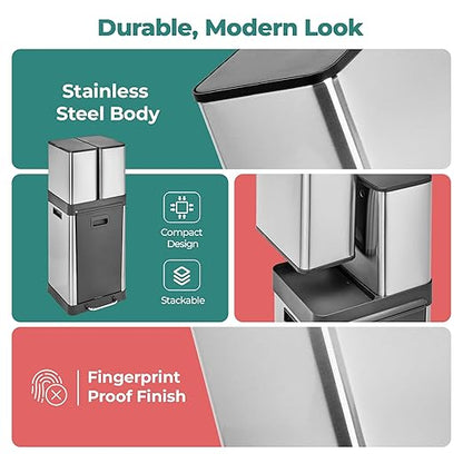 HOLDN’ STORAGE 32L Triple-Compartment Trash & Recycling Bin for Kitchen, 2 Removable Hook-On Bins, Multi-Access Opening, Odor Control, Stainless Steel, 3 Trash Bag Rolls Included