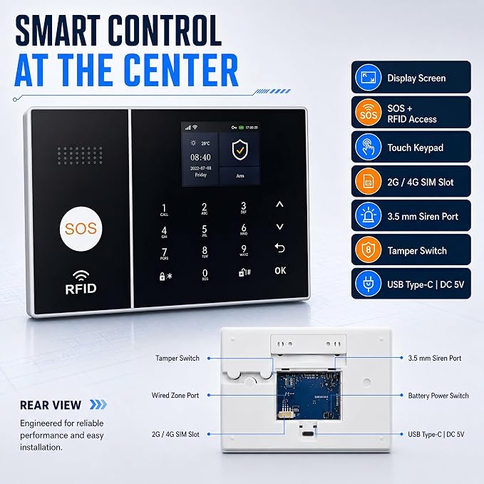 XUK 4G/GSM/Wi-Fi Alarm System for Home Security, 24-Piece Kit | Works with Alexa & Google Home | SOS button | Door & PIR motion sensors | For houses & apartments