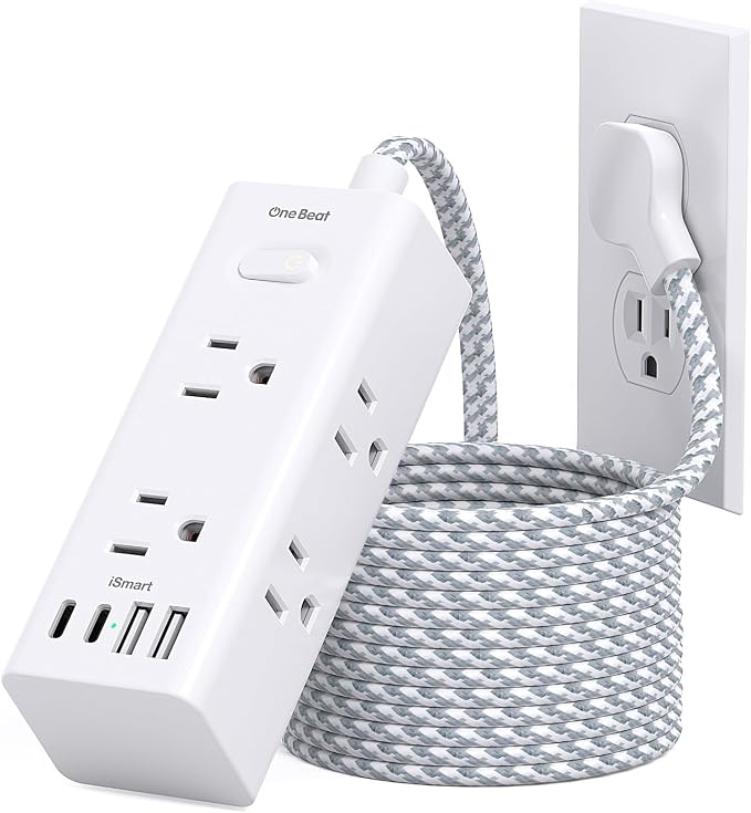 Flat Plug Extension Cord 15Ft, One Beat Surge Protector Power Strip 15 Ft Cord with 6 Widely Outlets 4 USB Ports (2 USB C), 3 Way Wall Outlet Extender Extension Cord for Home Office College Dorm Room