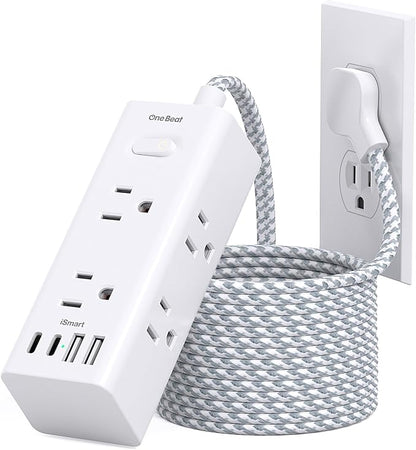Flat Plug Extension Cord 15Ft, One Beat Surge Protector Power Strip 15 Ft Cord with 6 Widely Outlets 4 USB Ports (2 USB C), 3 Way Wall Outlet Extender Extension Cord for Home Office College Dorm Room