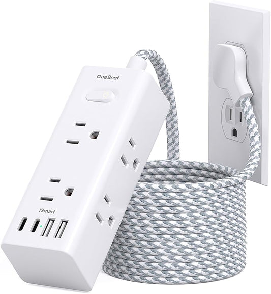 Flat Plug Extension Cord 15Ft, One Beat Surge Protector Power Strip 15 Ft Cord with 6 Widely Outlets 4 USB Ports (2 USB C), 3 Way Wall Outlet Extender Extension Cord for Home Office College Dorm Room