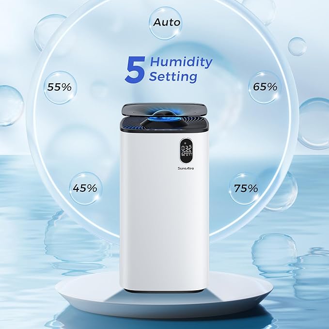 Humidifier and Air Purifier In One with Wheels for Bedroom, 6L Top Fill Evaporative No-White-Mist for Whole Home, Large Room Humidifier with Removable Tank & Dimmable Light, Easy Clean